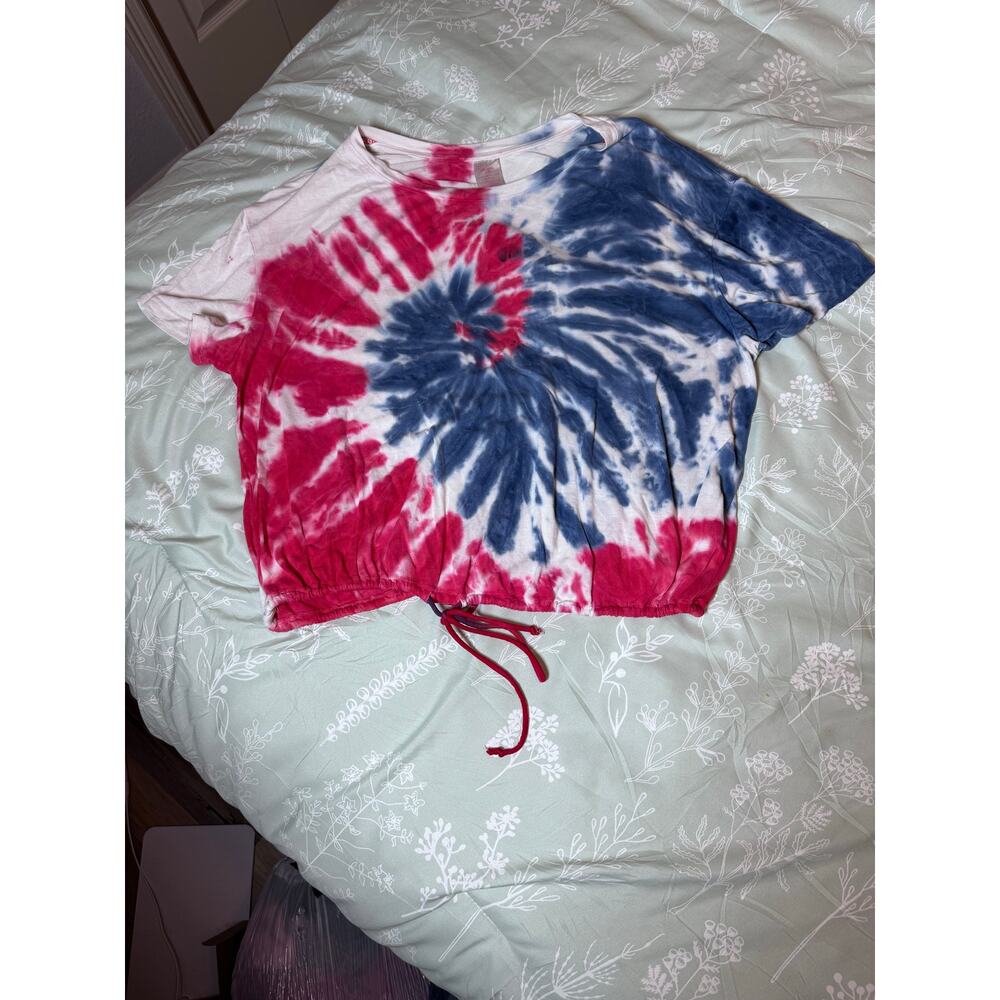 Red, white, and blue tie dye boxy cropped top